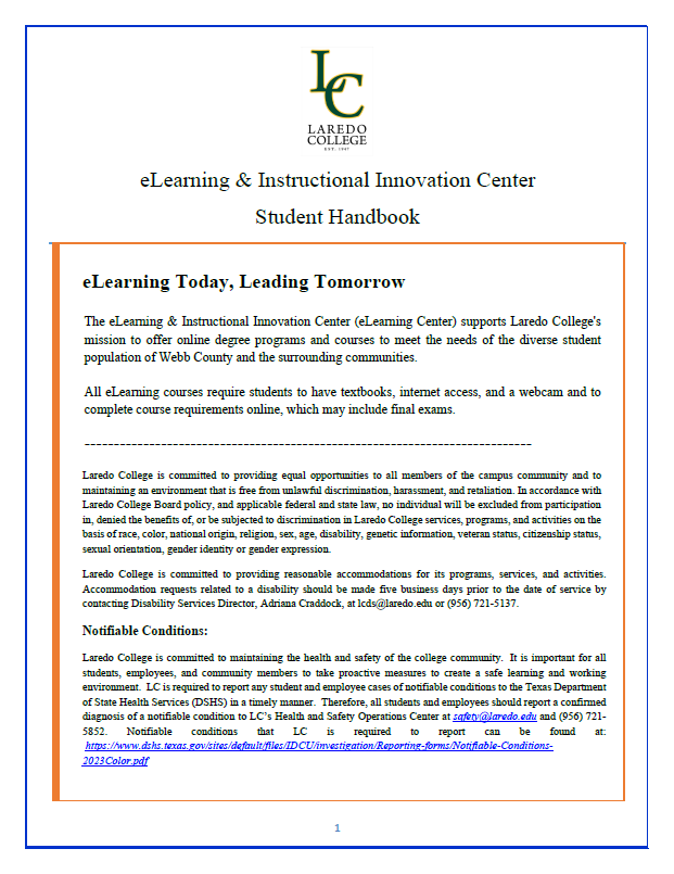 First page of the eLearning Student Handbook
